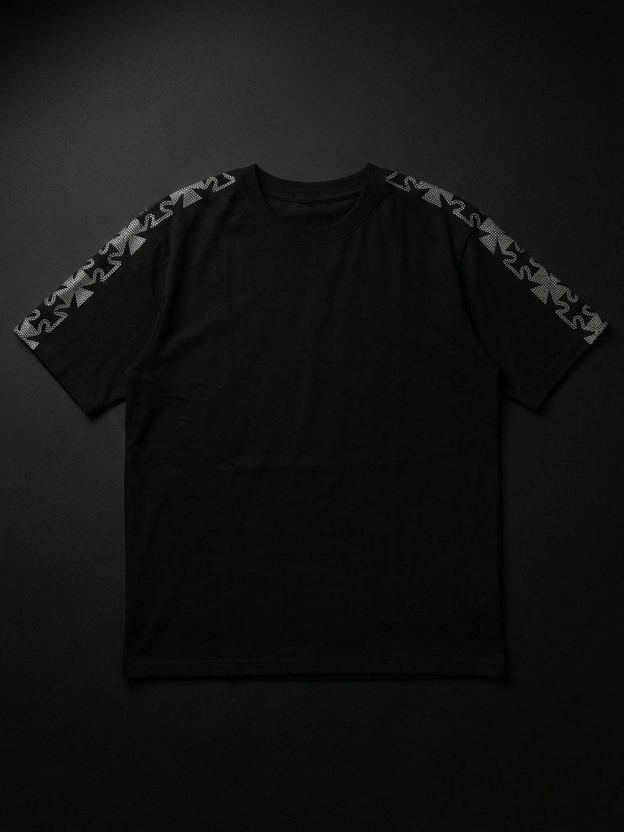 Black Oversized Rhinestone T-Shirt with Crystal Cross Sleeve – Unisex