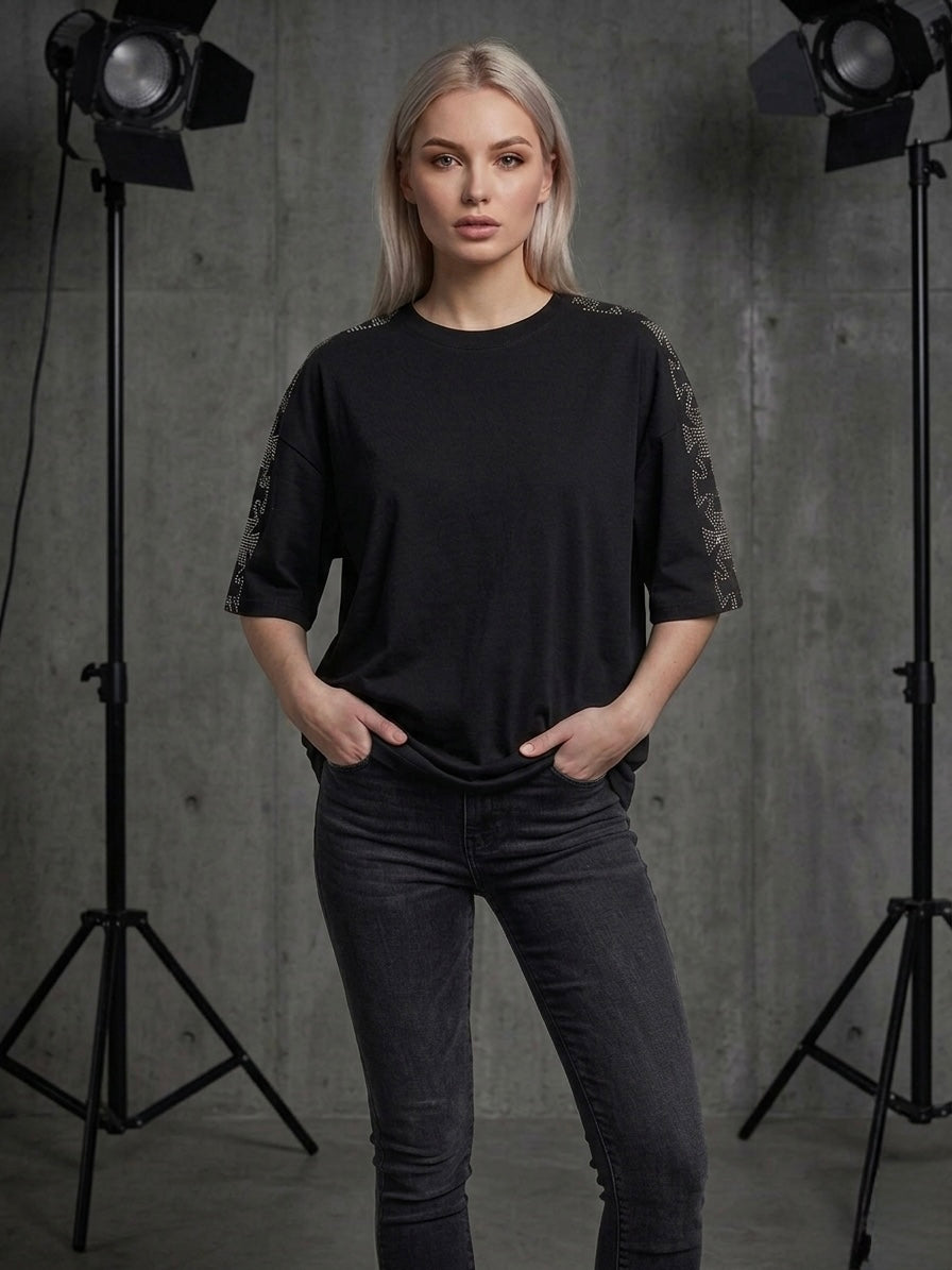Black Oversized Rhinestone T-Shirt with Crystal Cross Sleeve – Unisex