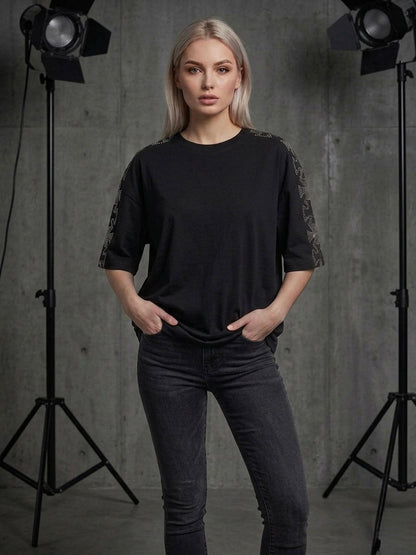 Black Oversized Rhinestone T-Shirt with Crystal Cross Sleeve – Unisex