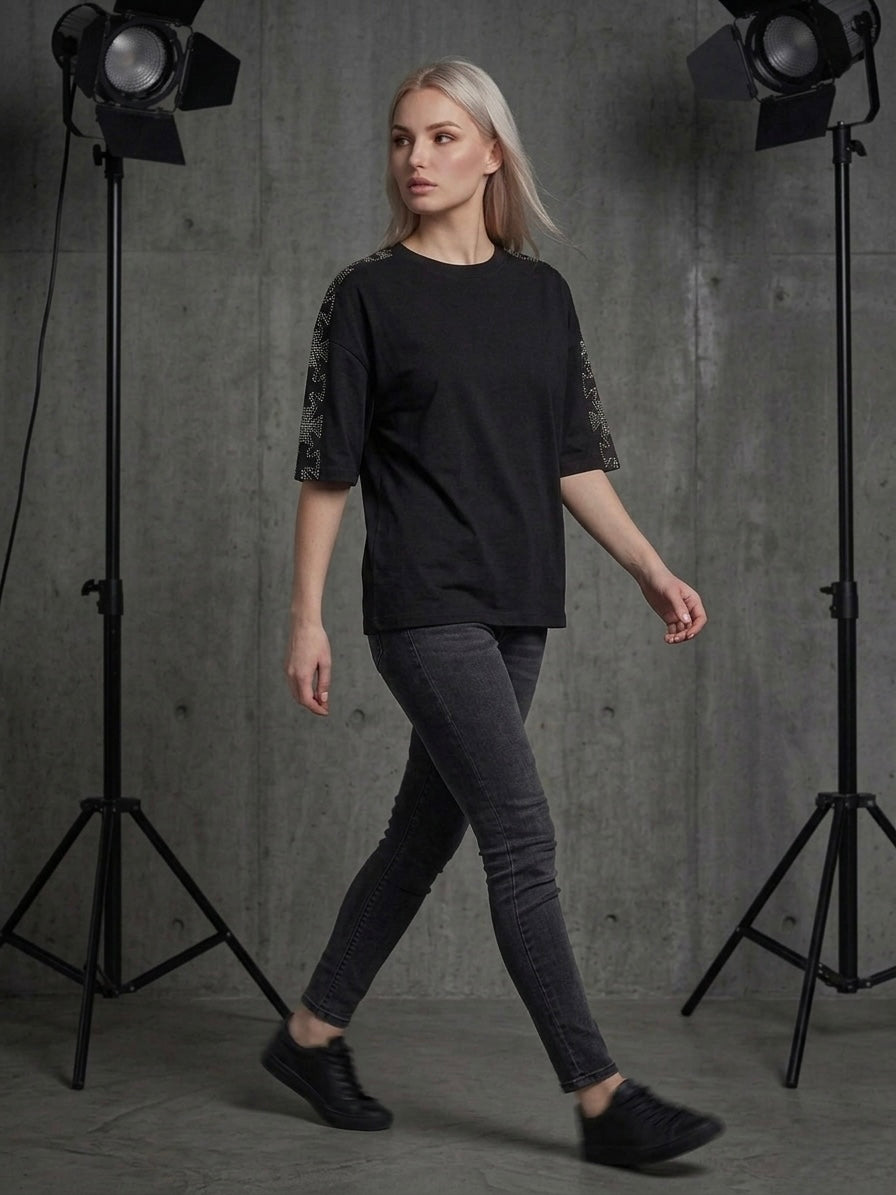 Black Oversized Rhinestone T-Shirt with Crystal Cross Sleeve – Unisex