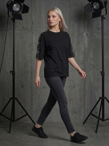 Black Oversized Rhinestone T-Shirt with Crystal Cross Sleeve – Unisex