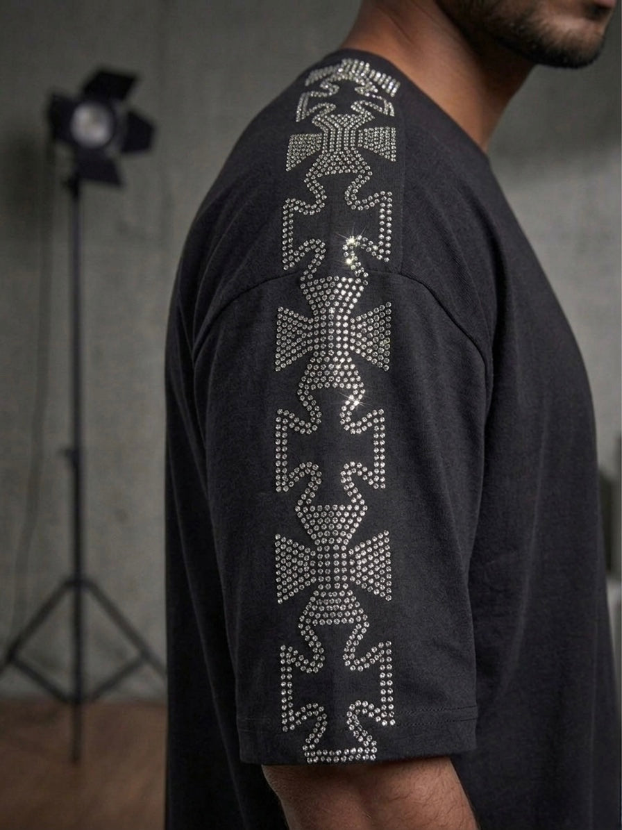 Black Oversized Rhinestone T-Shirt with Crystal Cross Sleeve – Unisex