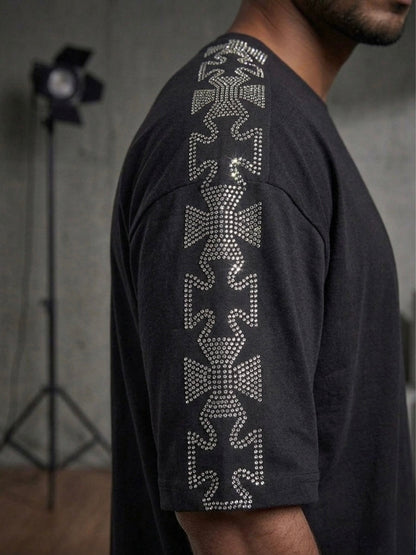 Black Oversized Rhinestone T-Shirt with Crystal Cross Sleeve – Unisex