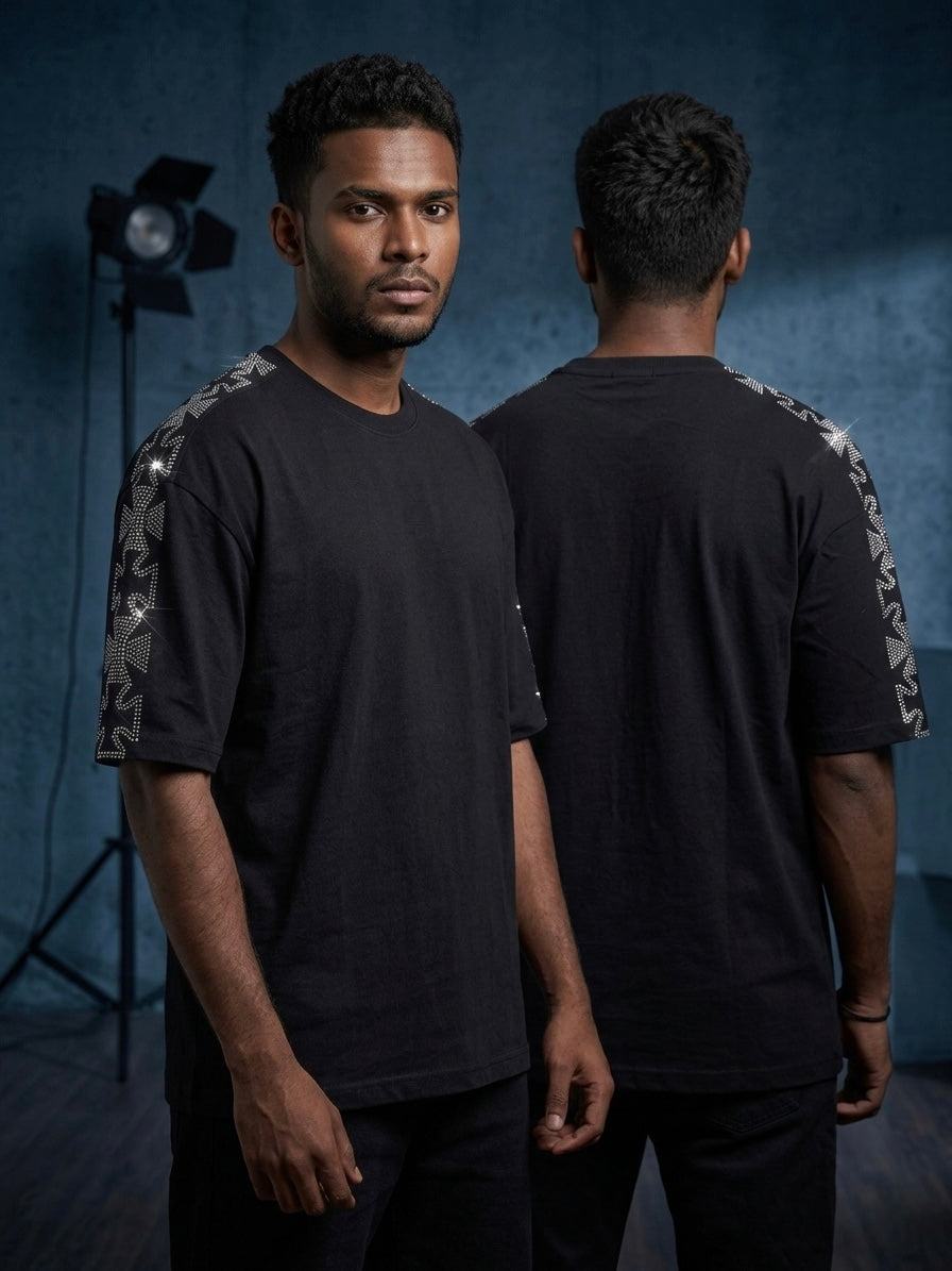 Black Oversized Rhinestone T-Shirt with Crystal Cross Sleeve – Unisex