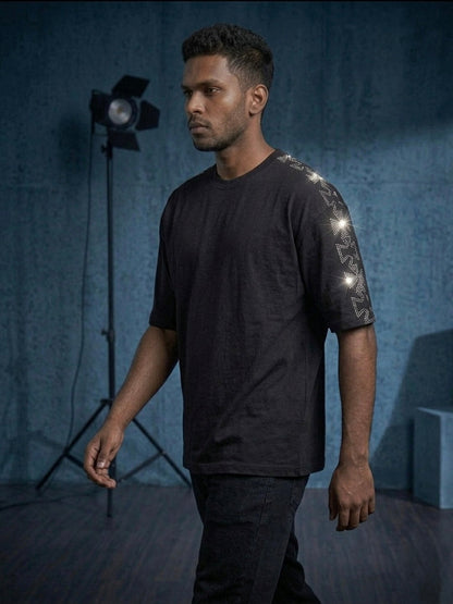 Black Oversized Rhinestone T-Shirt with Crystal Cross Sleeve – Unisex