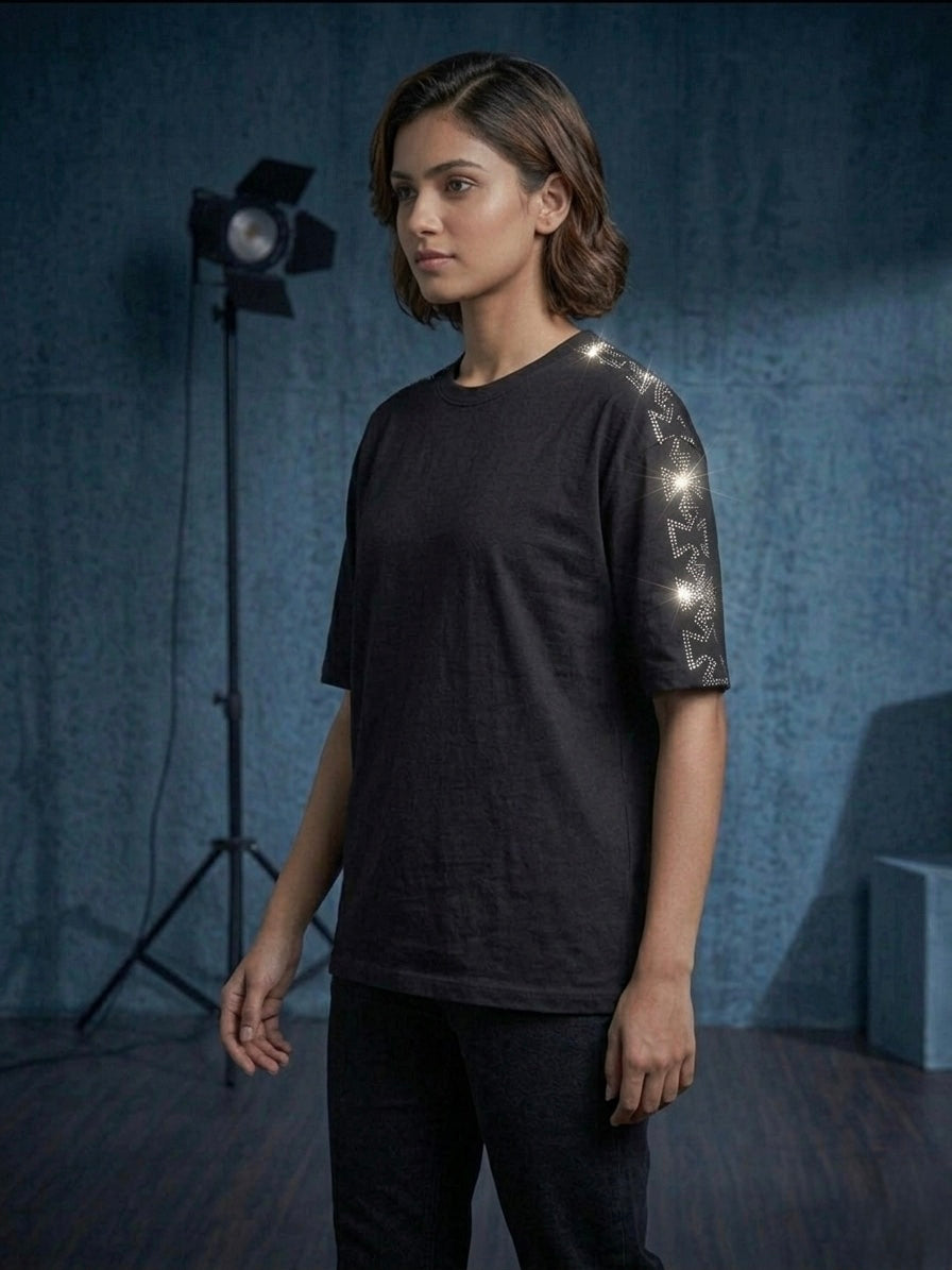 Black Oversized Rhinestone T-Shirt with Crystal Cross Sleeve – Unisex