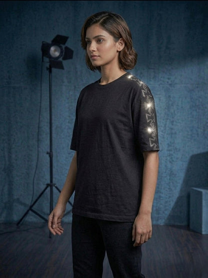 Black Oversized Rhinestone T-Shirt with Crystal Cross Sleeve – Unisex