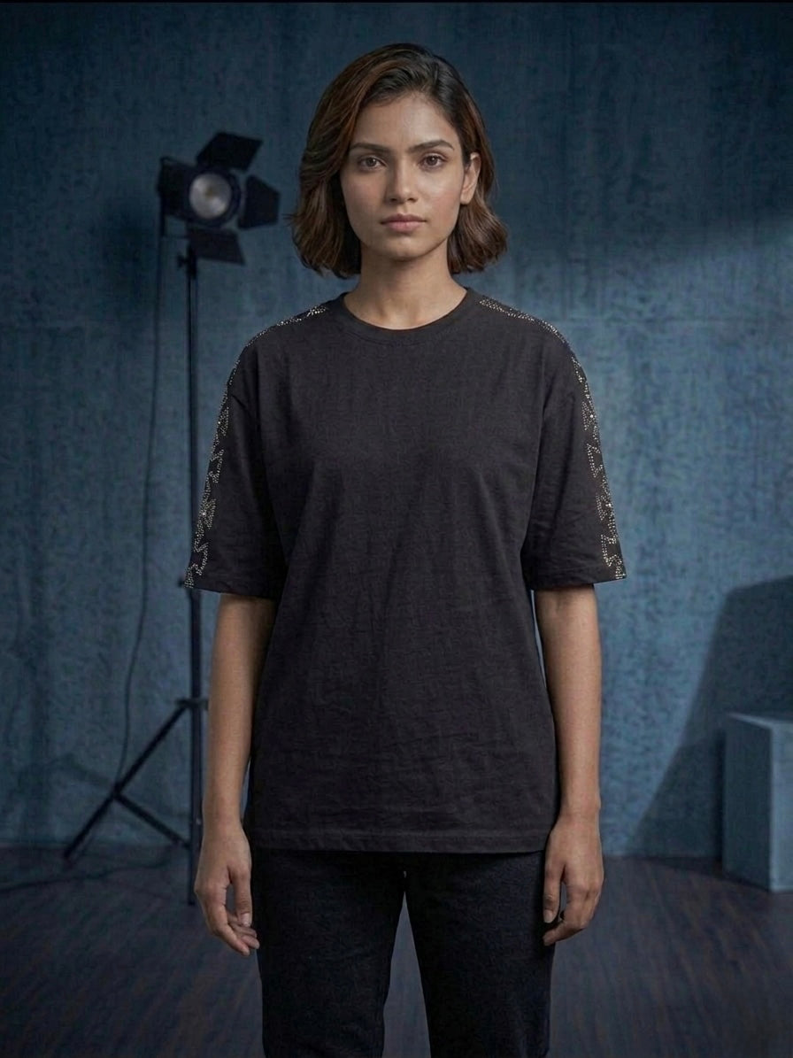 Black Oversized Rhinestone T-Shirt with Crystal Cross Sleeve – Unisex