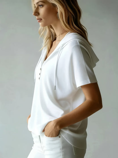 Women's Summer Short Sleeve Hooded T-Shirt Top - Loose Fit
