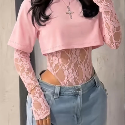 legant Lace Panel Long Sleeve Bodysuit Top for Women