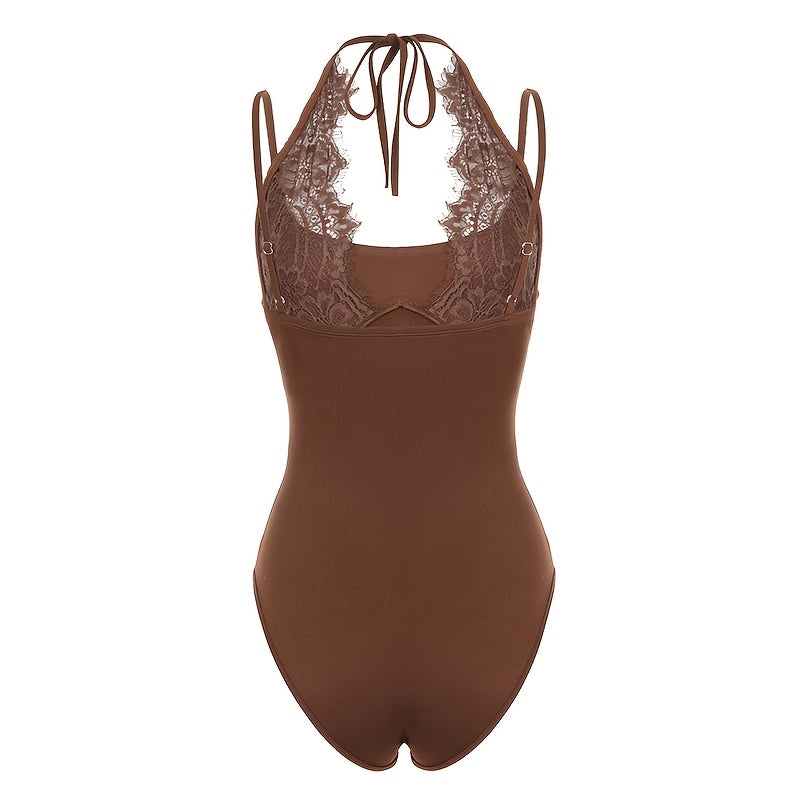 Basic 2-in-1 Look Lace Patchwork Solid Color Slim-Fit Versatile Halter Neck Women's Bodysuit