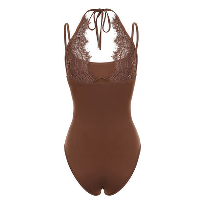 Basic 2-in-1 Look Lace Patchwork Solid Color Slim-Fit Versatile Halter Neck Women's Bodysuit