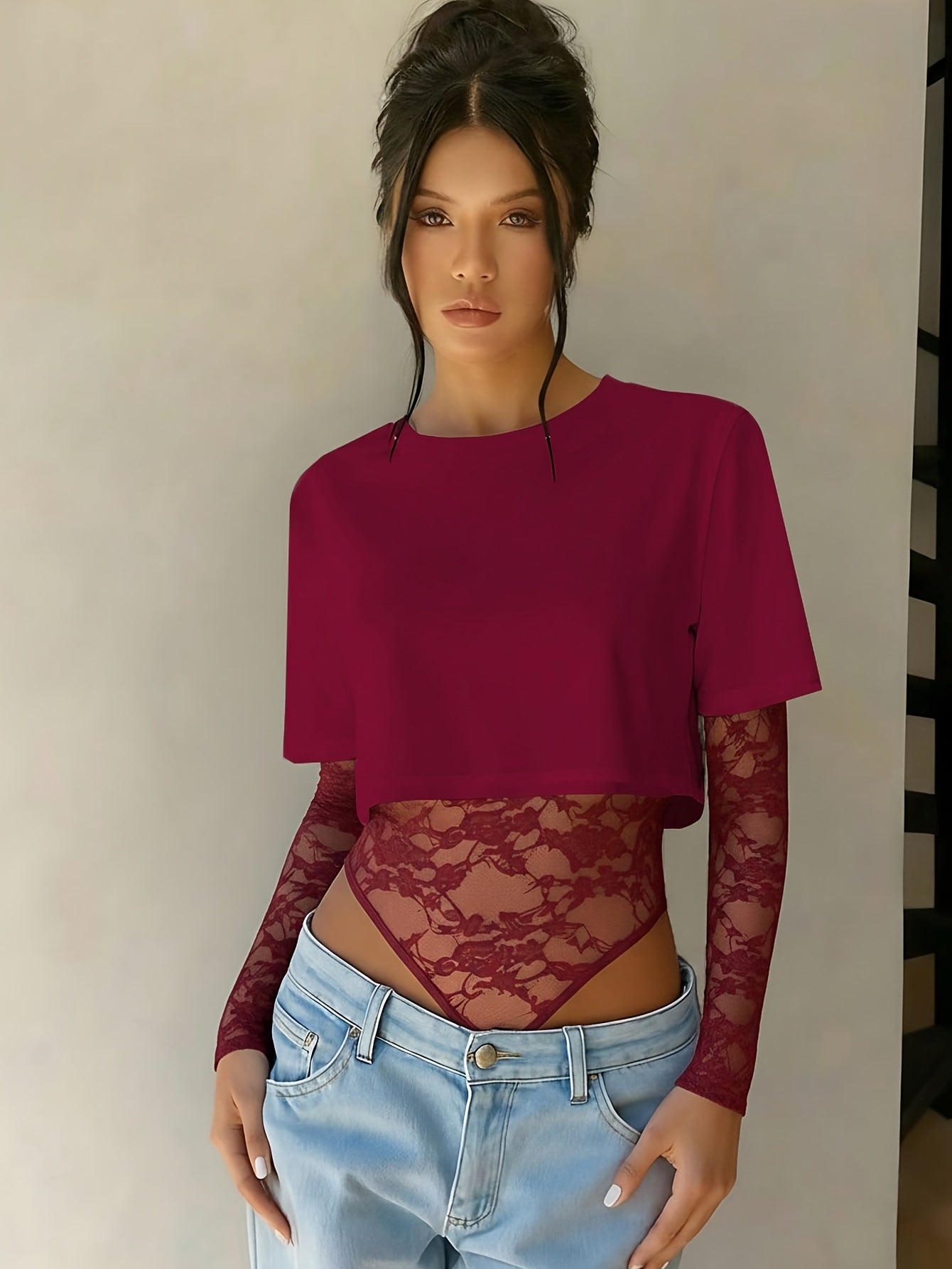 Patchwork Lace Long-Sleeved Versatile Bodysuit,