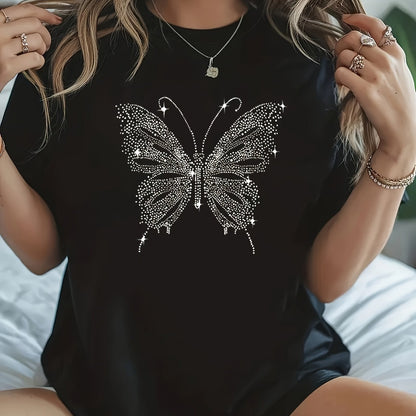 Round Neck Short-Sleeved T-Shirt, Light Luxury Star Embellishment