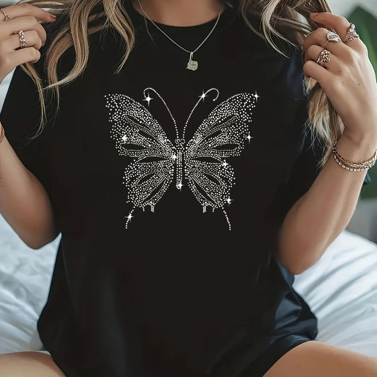 Round Neck Short-Sleeved T-Shirt, Light Luxury Star Embellishment