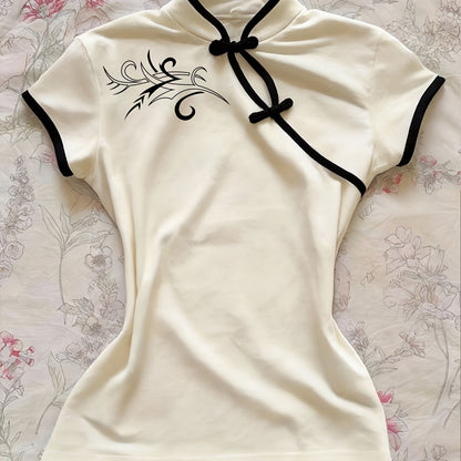 Women's Streetwear, New Stand-up Collar Contrast Trim Elegant Short-sleeve T-shirt