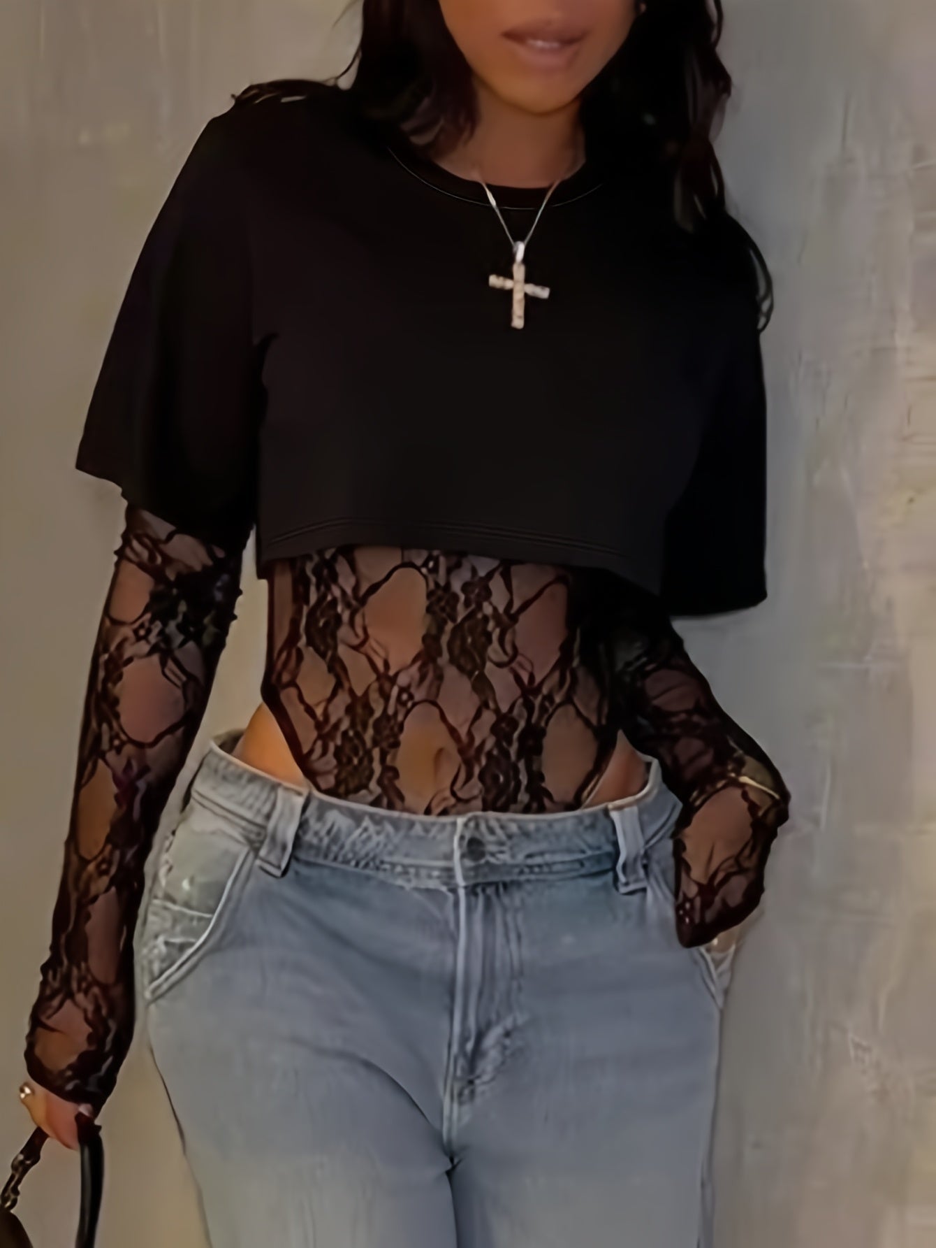 legant Lace Panel Long Sleeve Bodysuit Top for Women