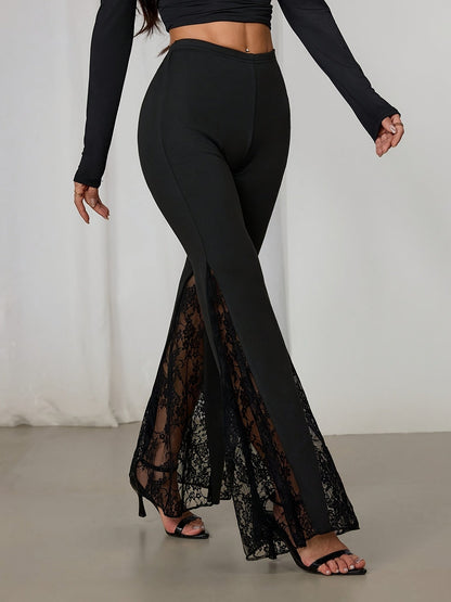 Women's Solid-color Trousers with Elastic Waistband and Lace Bell Flare, Flared Pants,