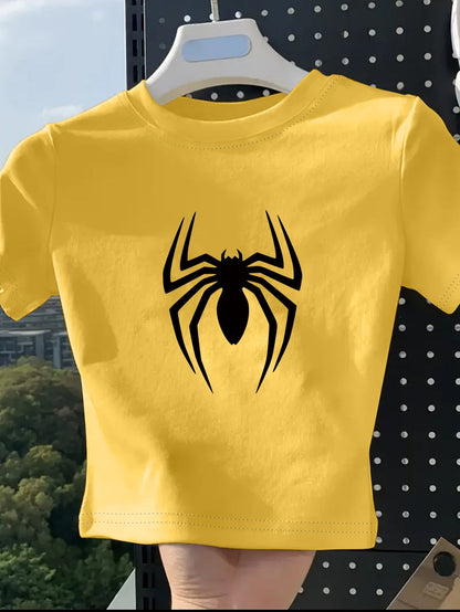 Women's Fashion Printed T-Shirt with Spider Pattern Design, Soft and Breathable