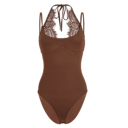 Basic 2-in-1 Look Lace Patchwork Solid Color Slim-Fit Versatile Halter Neck Women's Bodysuit