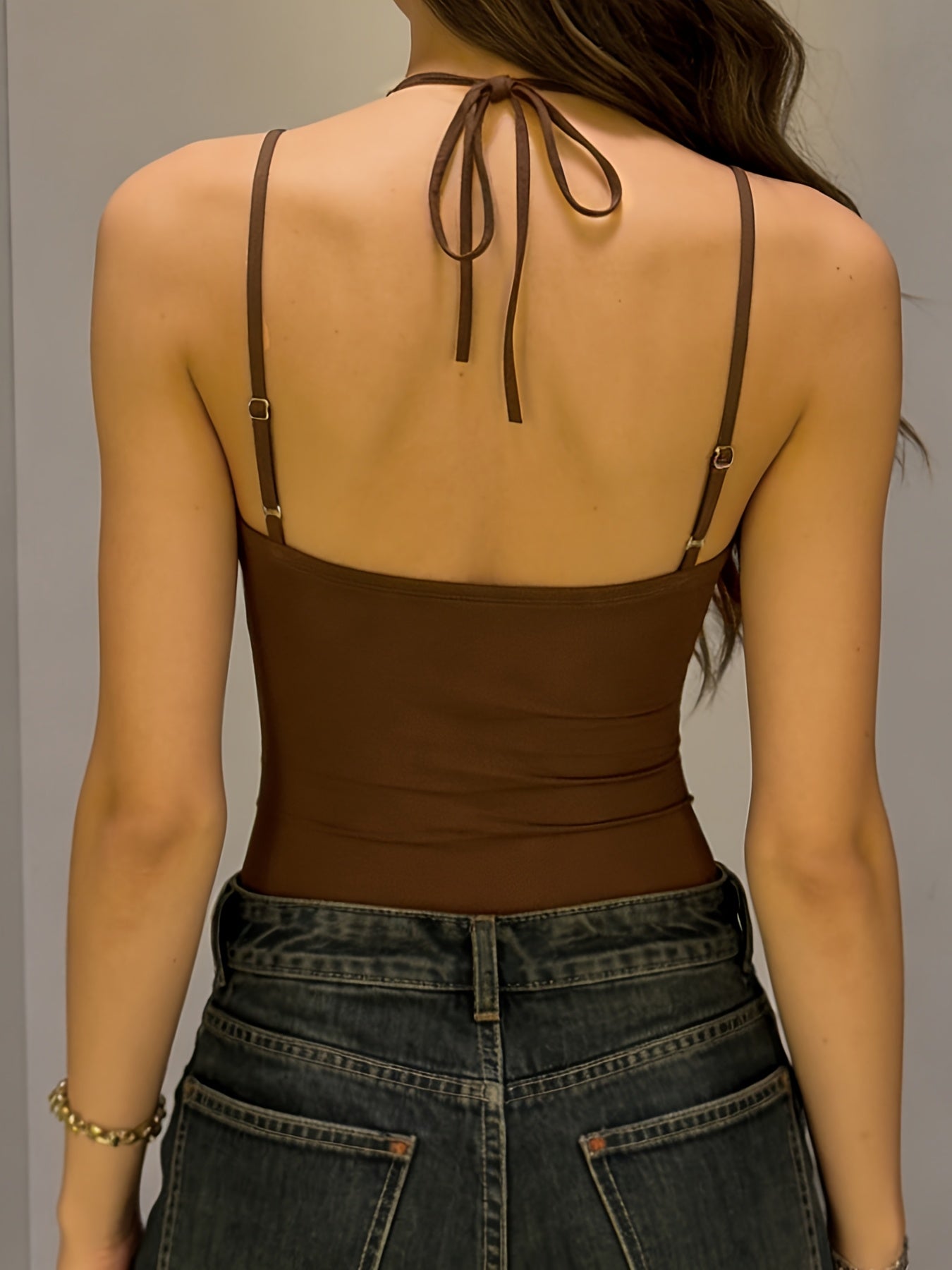 Basic 2-in-1 Look Lace Patchwork Solid Color Slim-Fit Versatile Halter Neck Women's Bodysuit