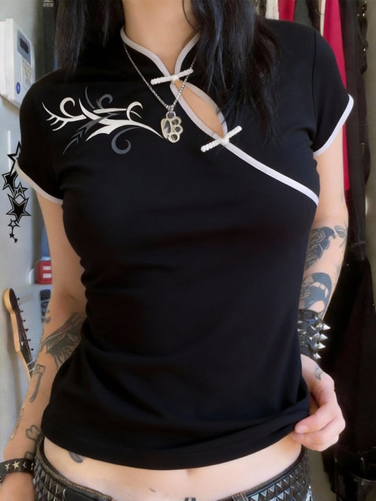 Women's Streetwear, New Stand-up Collar Contrast Trim Elegant Short-sleeve T-shirt