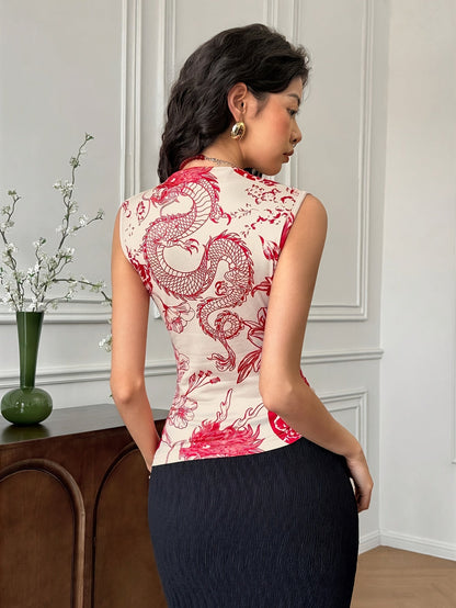 Full-length Ethnic Print Half-high Collar Sleeveless
