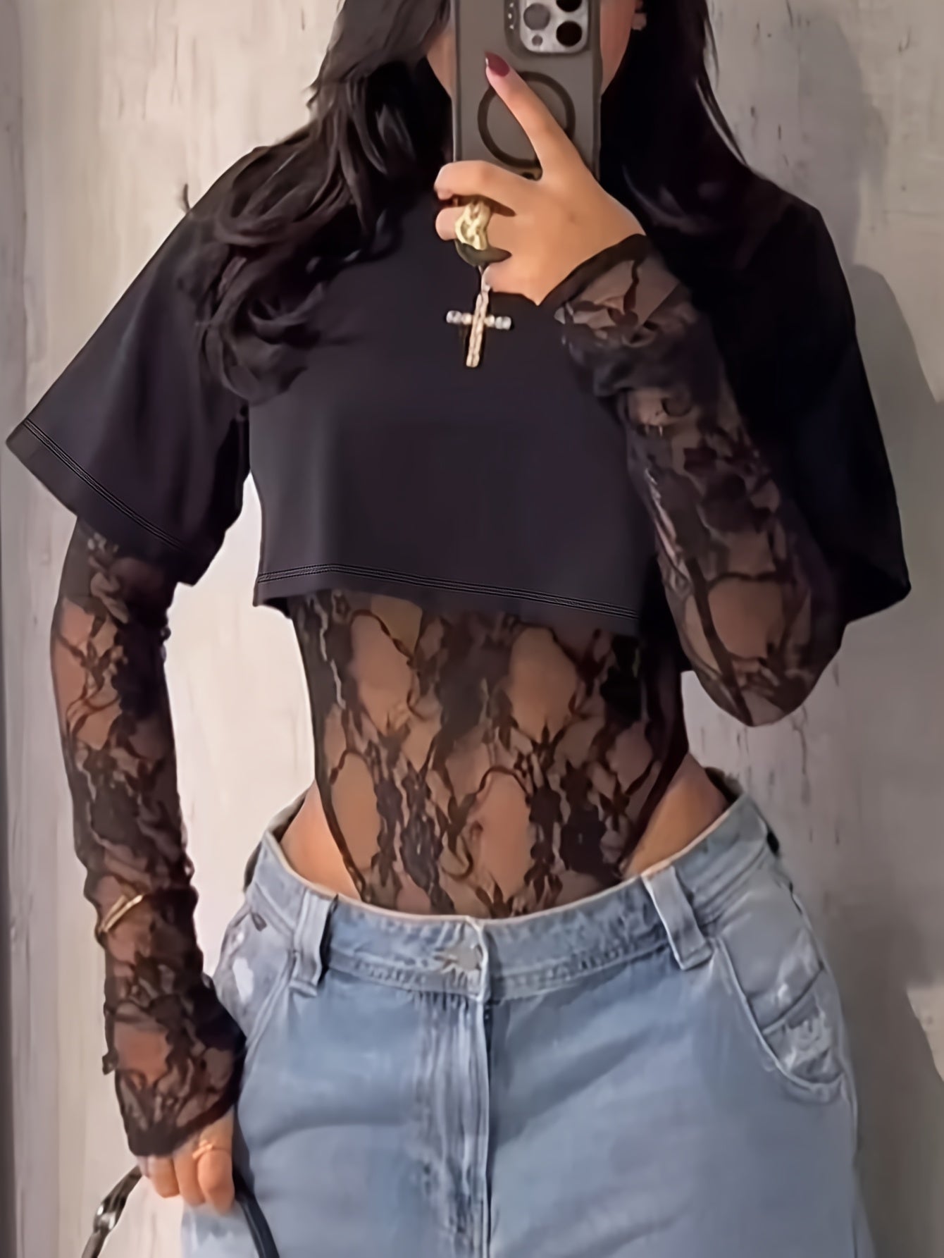 legant Lace Panel Long Sleeve Bodysuit Top for Women
