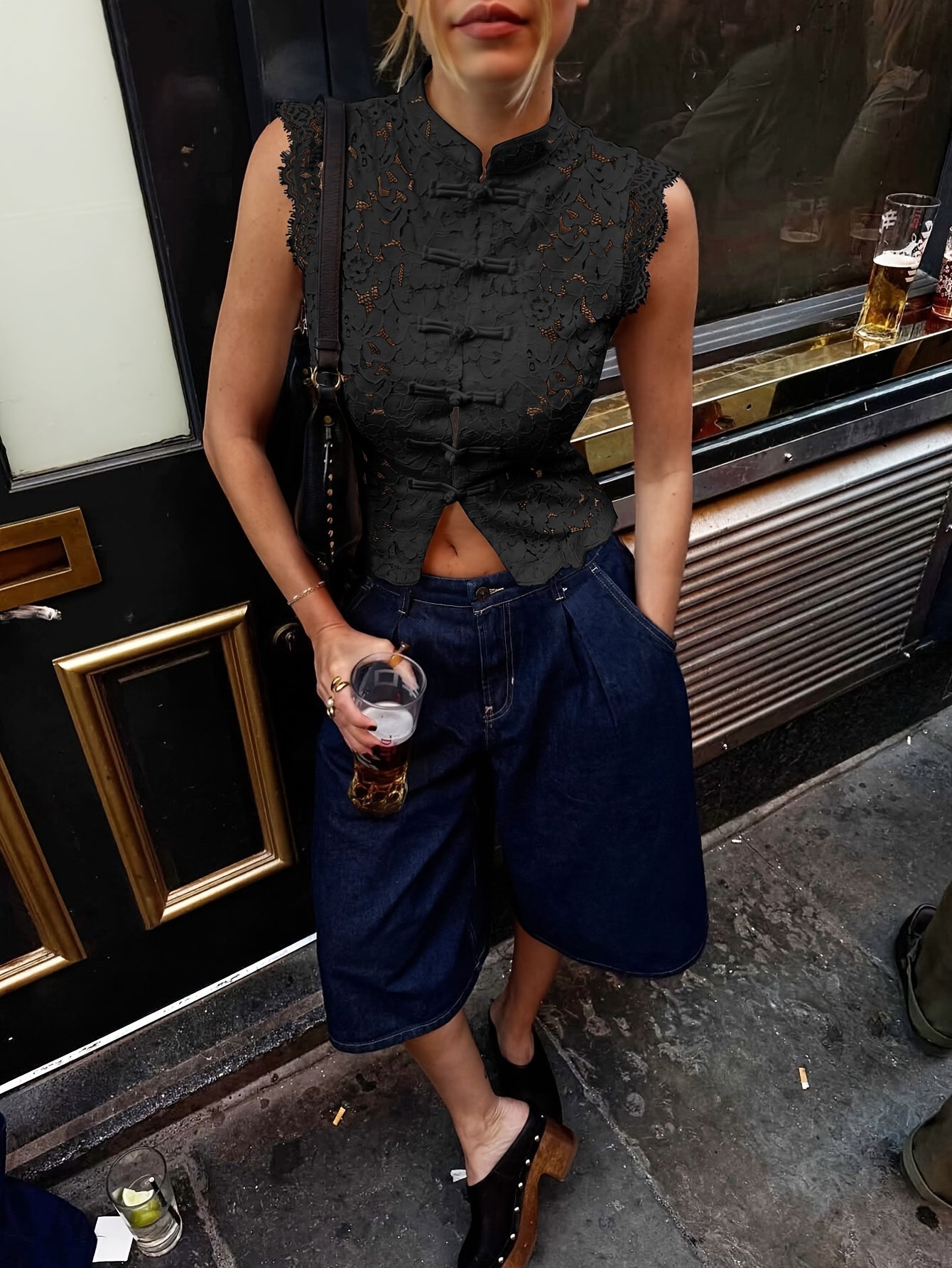 Collar Hollow-Out Sheer Design Slim-Fit