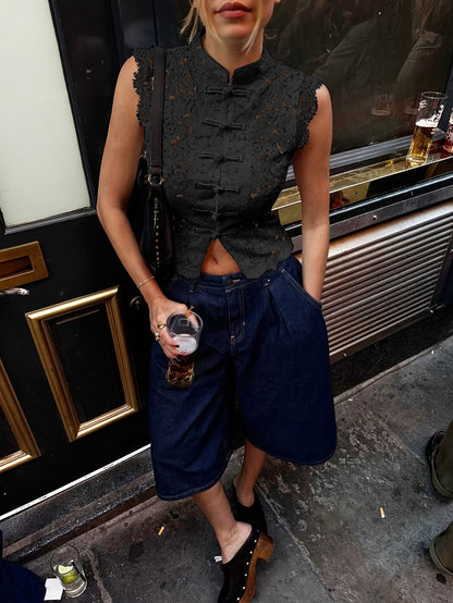 Chinese Style Mandarin Collar Button-Up Vest Shirt