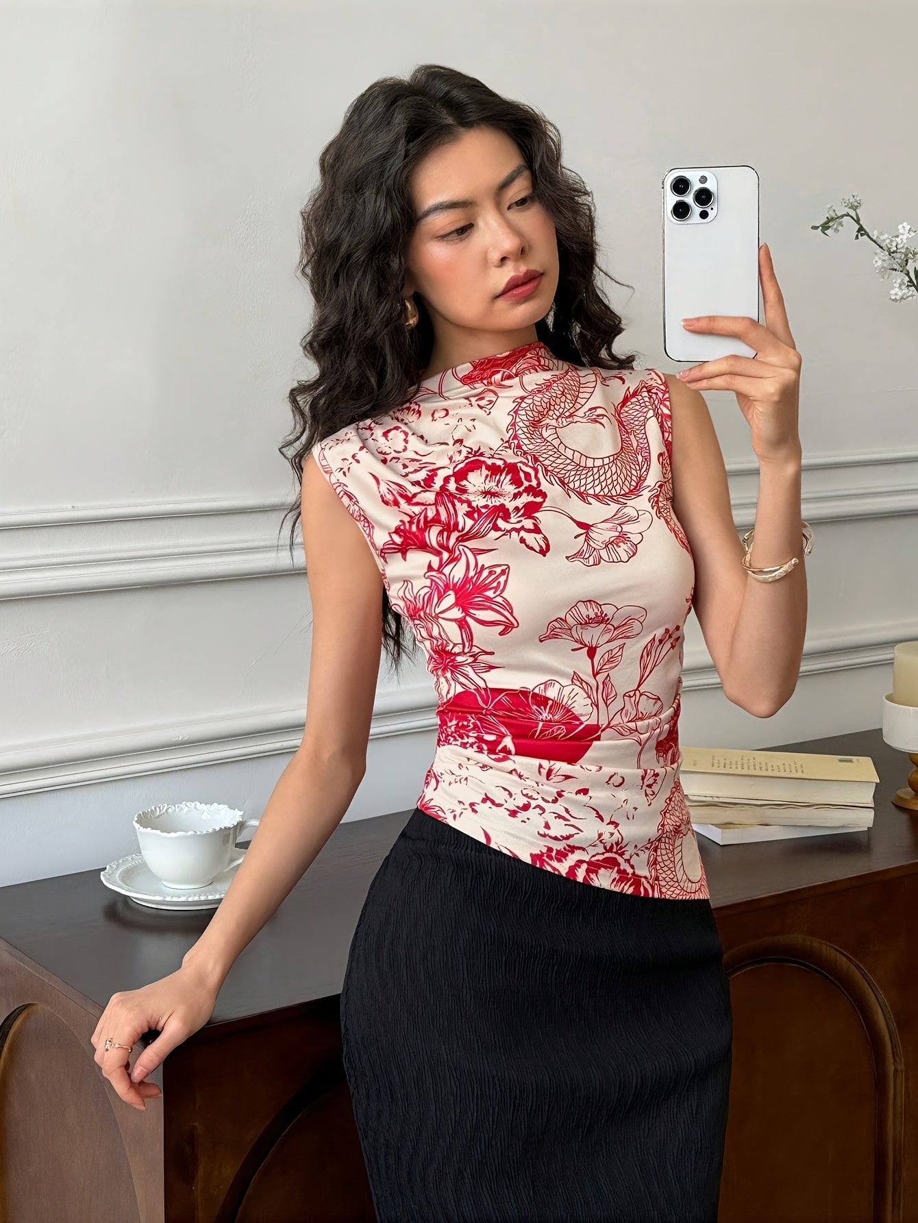 Full-length Ethnic Print Half-high Collar Sleeveless