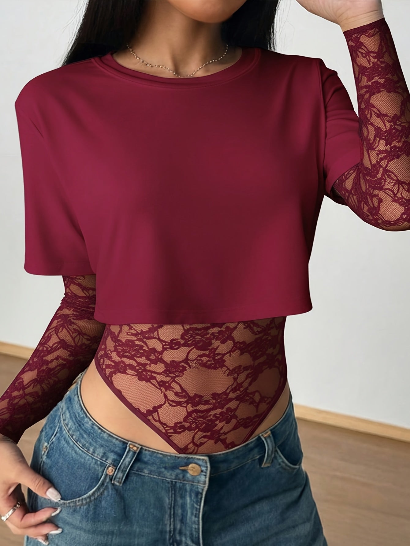 Patchwork Lace Long-Sleeved Versatile Bodysuit,