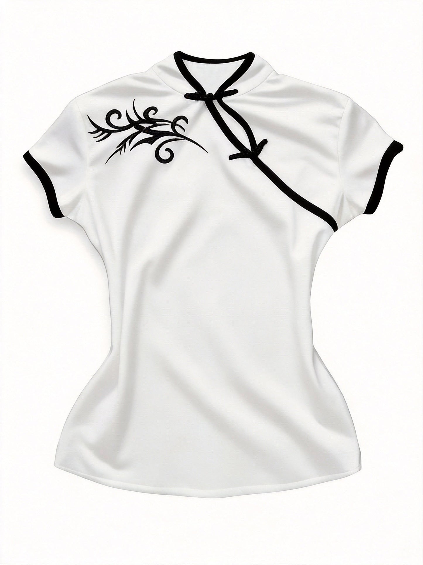 Women's Streetwear, New Stand-up Collar Contrast Trim Elegant Short-sleeve T-shirt