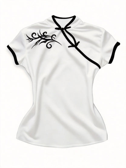 Women's Streetwear, New Stand-up Collar Contrast Trim Elegant Short-sleeve T-shirt