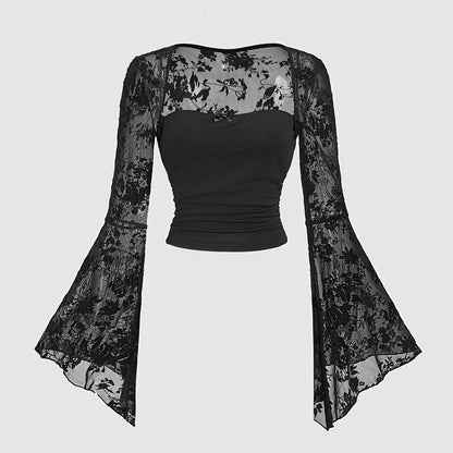 Women'S Black Bell-Sleeve T-Shirt with Lace And Bow Design