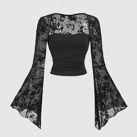 Women'S Black Bell-Sleeve T-Shirt with Lace And Bow Design