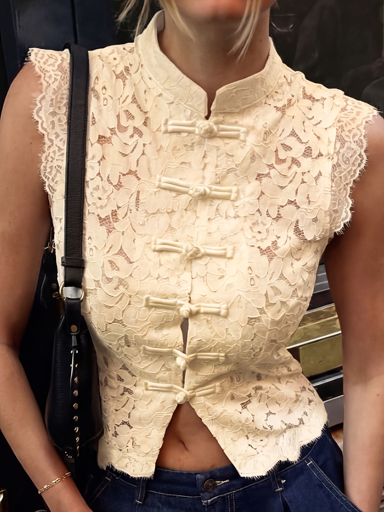 Collar Hollow-Out Sheer Design Slim-Fit