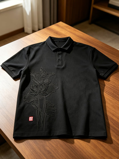 Lotus Embroidery, Lapel Collar, Simple, Stylish, Handsome, Trendy, Slim-Fit Top