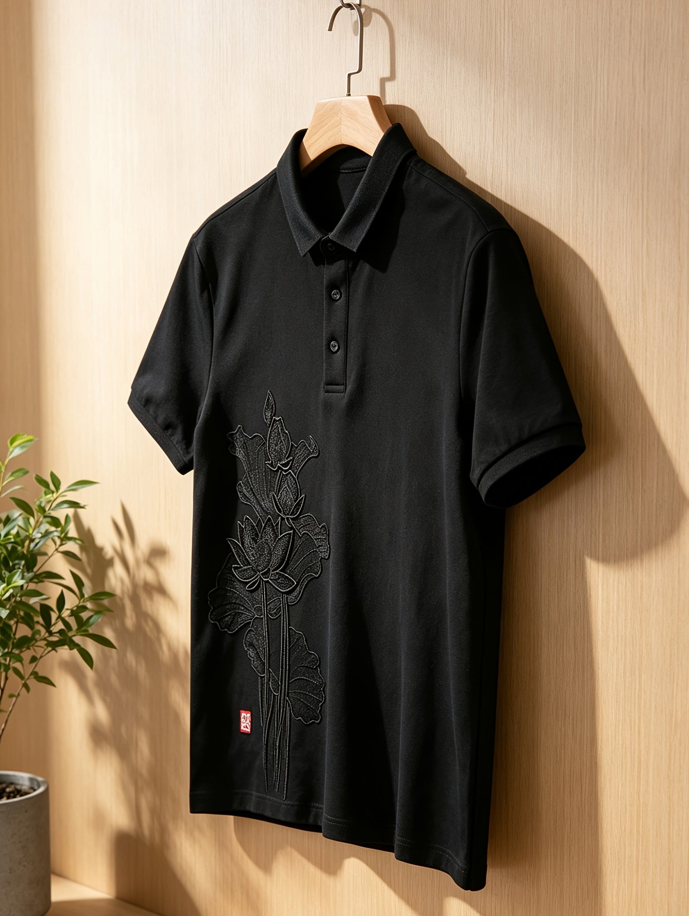Lotus Embroidery, Lapel Collar, Simple, Stylish, Handsome, Trendy, Slim-Fit Top