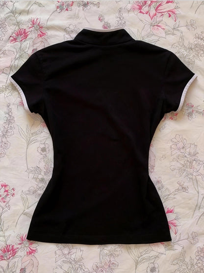 Women's Streetwear, New Stand-up Collar Contrast Trim Elegant Short-sleeve T-shirt
