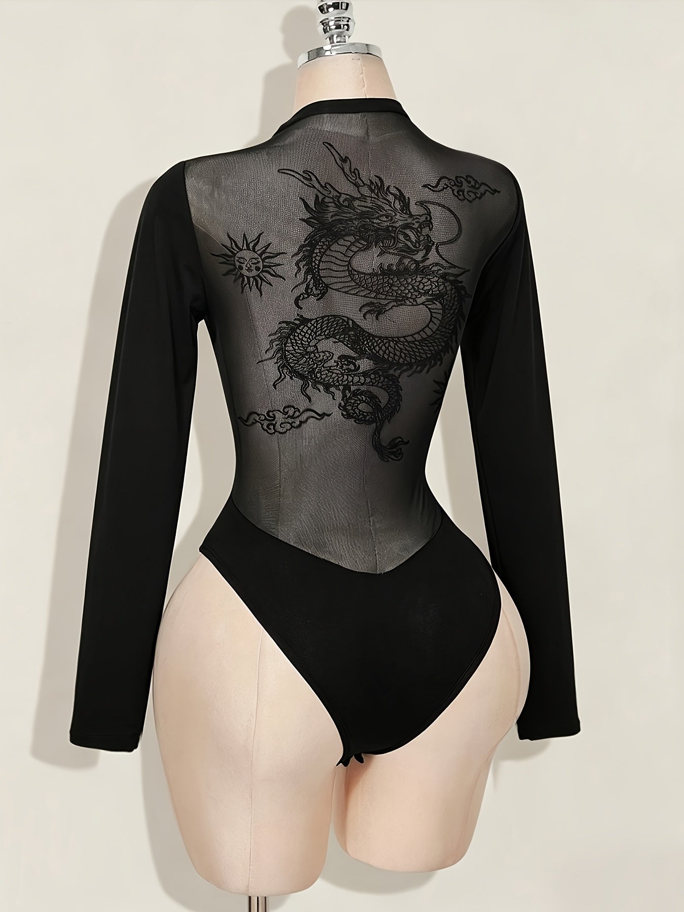 Women's Bodysuit with Patchwork Mesh Design, Back Print, Essential for Dates and Daily Wear