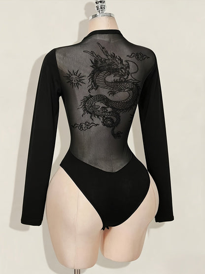 Women's Bodysuit with Patchwork Mesh Design, Back Print, Essential for Dates and Daily Wear