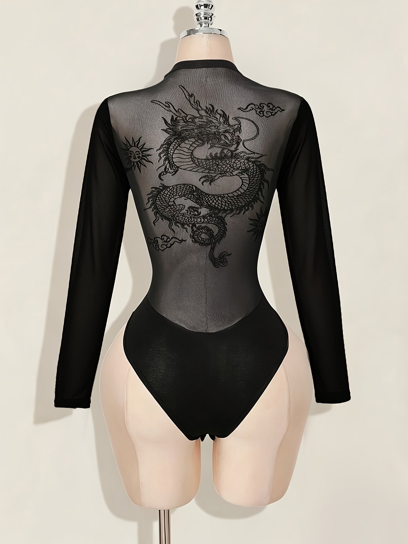 Back Print Bodysuit with Patchwork Mesh Design