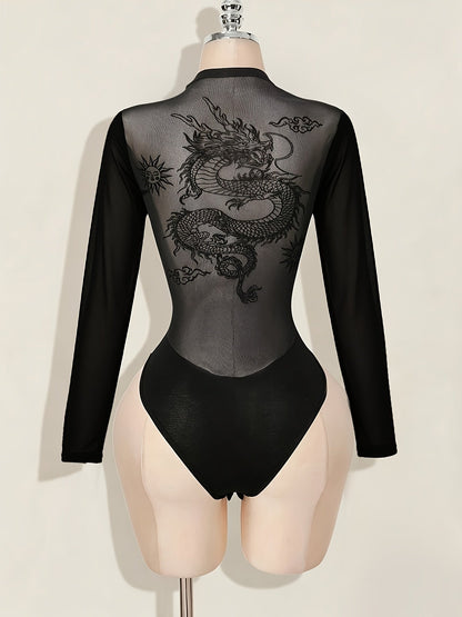 Back Print Bodysuit with Patchwork Mesh Design