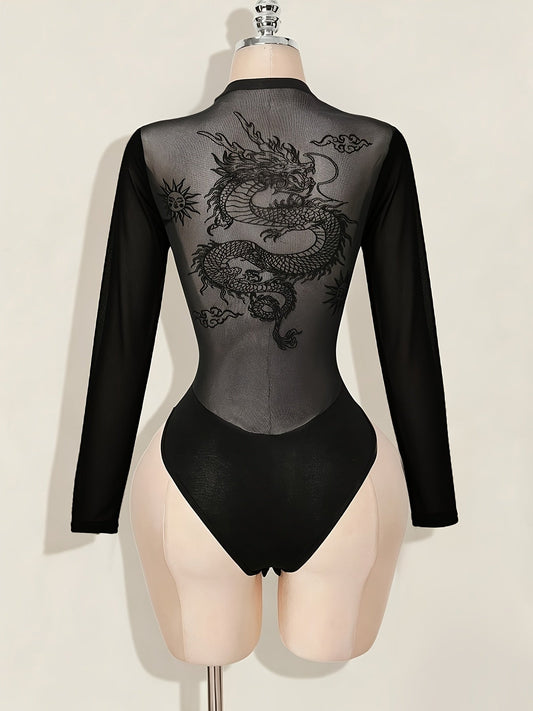 Back Print Bodysuit with Patchwork Mesh Design