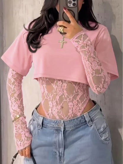 legant Lace Panel Long Sleeve Bodysuit Top for Women