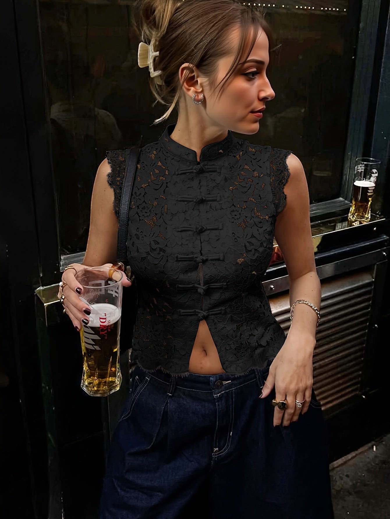 Collar Hollow-Out Sheer Design Slim-Fit