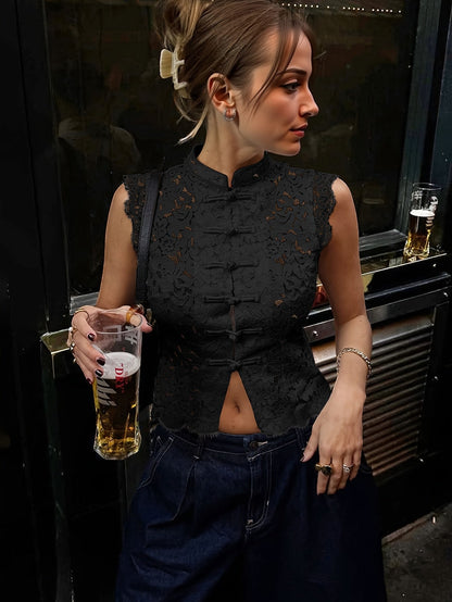 Collar Hollow-Out Sheer Design Slim-Fit