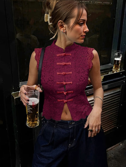 Collar Hollow-Out Sheer Design Slim-Fit