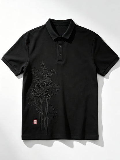 Lotus Embroidery, Lapel Collar, Simple, Stylish, Handsome, Trendy, Slim-Fit Top